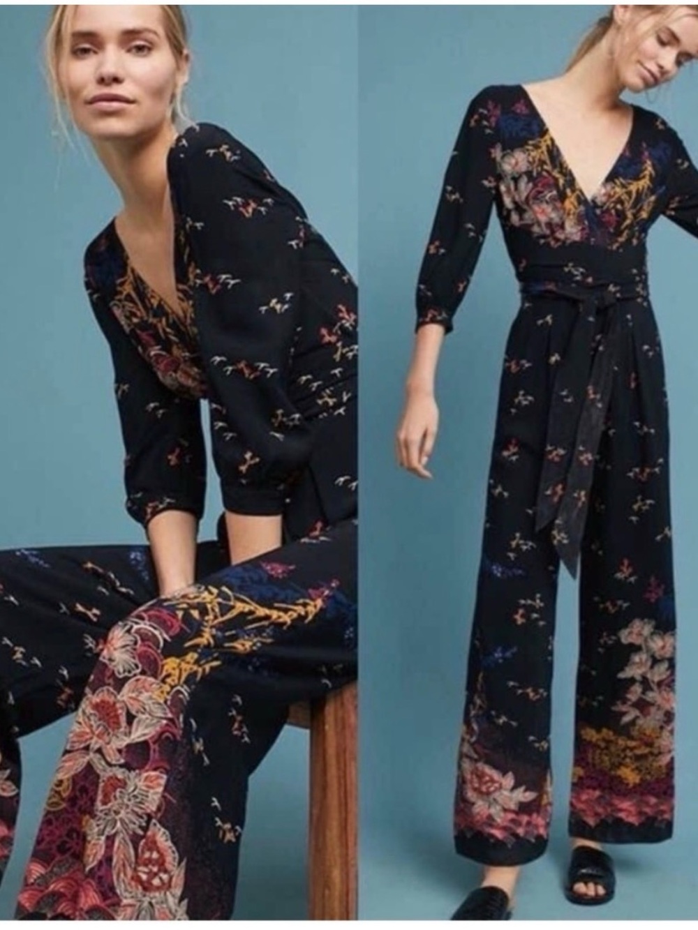 Anthropologie Feather Bone Nara Wide Leg Black Floral Wrap Jumpsuit - Picture 1 of 14